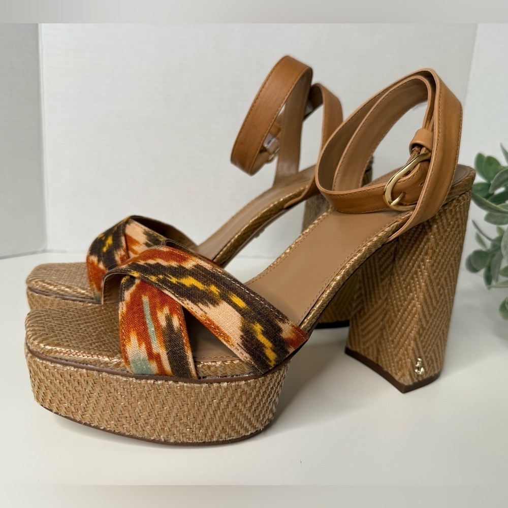 Sam Edelman Women's Nolita Raffia Platform Sandals Size 10.5M Leather Boho Print